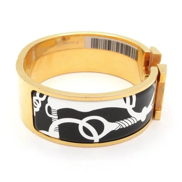 HERMES Clic Clac H Gold Black White Hardware Patent Leather Bangle - Picture 2 of 10